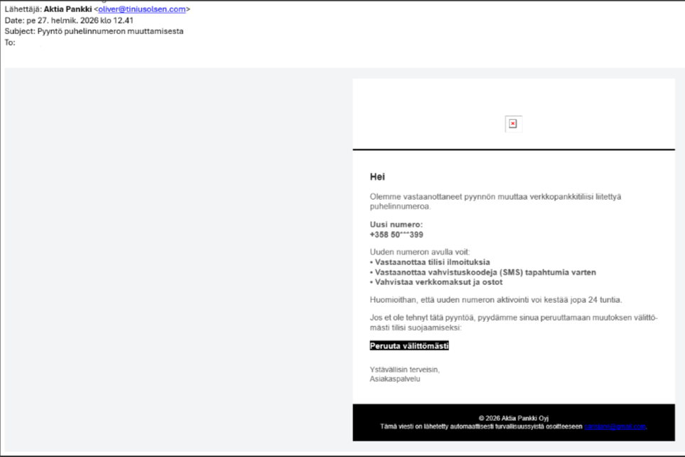 Huijausesimerkki puhelinnumeron päivitys