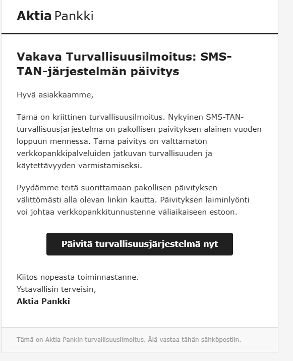 Huijausesimerkki turvallisuusjärjestelmän päivitys