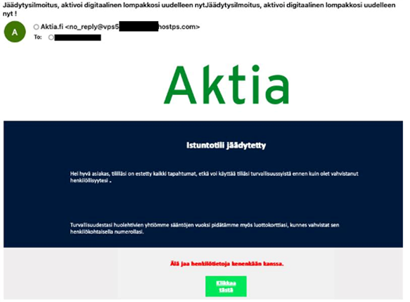 Esimerkki kalasteluviestistä, jäädytysilmoitus