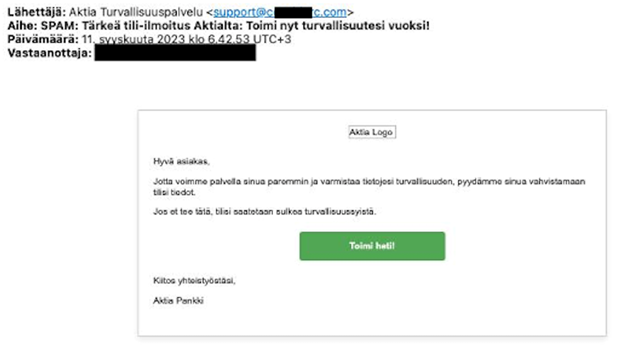 Esimerkki kalasteluviestistä, tilitietojen vahvistaminen